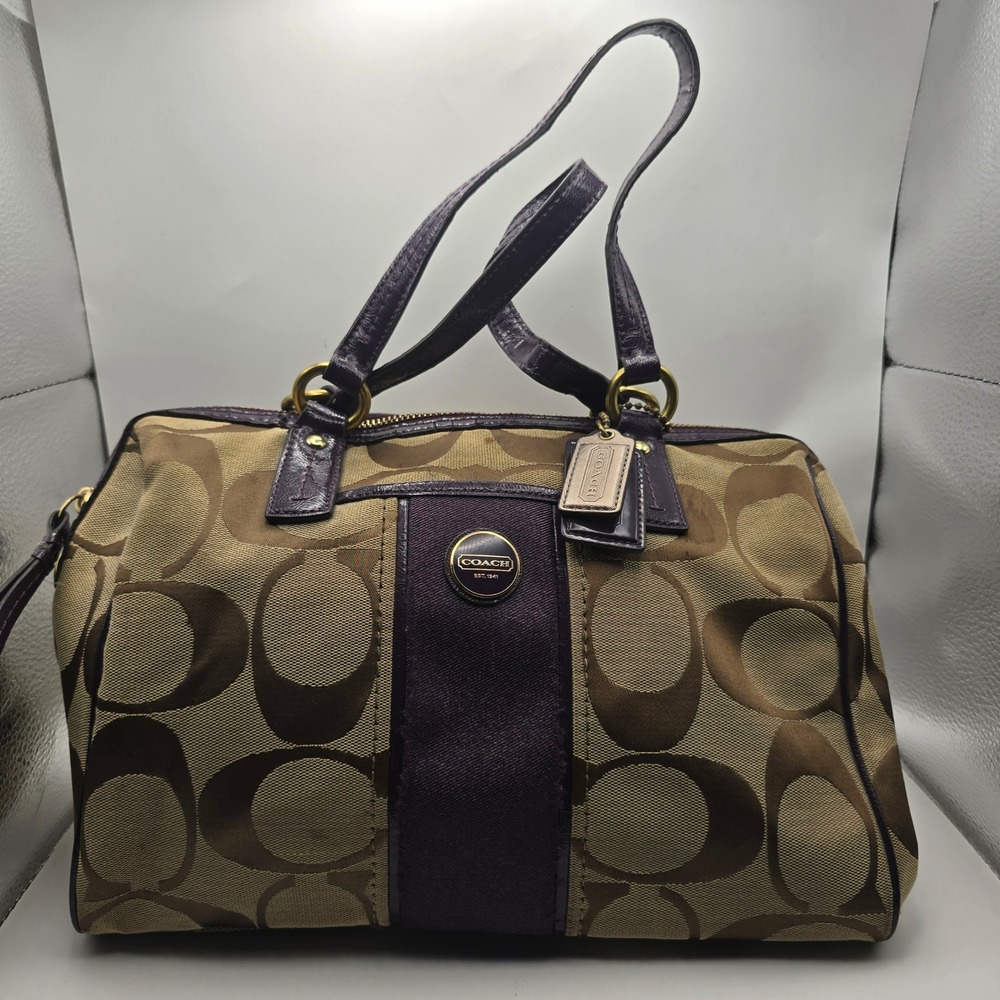 Coach Taylor Signature Satchel Khaki Purple Patent Leather Handbag F24364